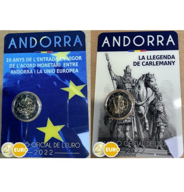 2 x 2 euros Andorre 2022 - Accord monétaire UE + Légende de Charlemagne BU FDC Coincard