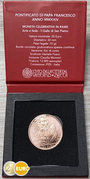 20 euros Vaticano 2024 - San Pedro y el Gallo BU FDC cobre