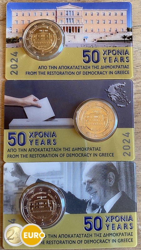 3 x 2 euro Greece 2024 - Democracy BU FDC Coincard